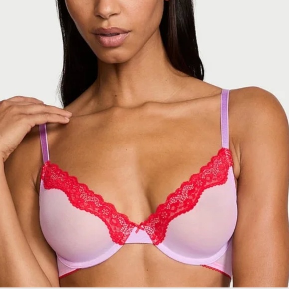 Victoria's Secret Tease Purple Mesh Red Lace Unlined Demi Bra - Picture 1 of 8